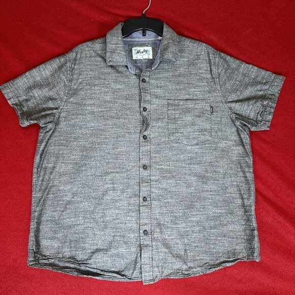 Hurley Shirt Mens XL Grey Button Up Cotton Short Sleeve Collared Pocket Adult - Picture 1 of 8